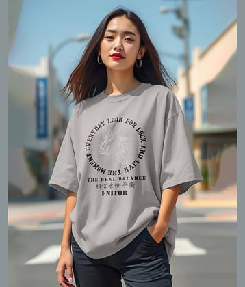 ENITOR Women Cotton Blend Printed Oversized Round Neck T-Shirt ( Grey )