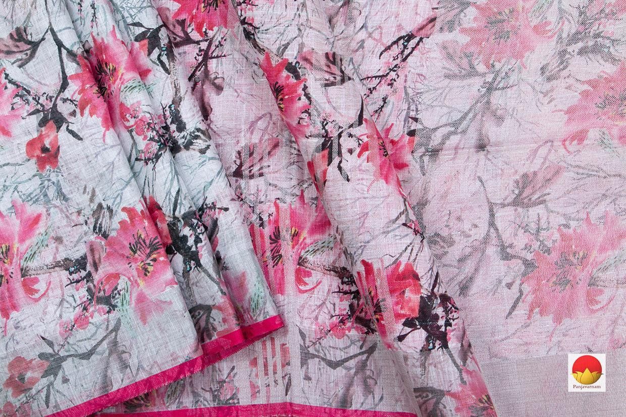 Blue And Pink Pure Linen Saree With Digital Print For Office Wear - PL 1093