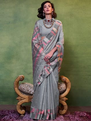 Nevada Grey Woven Design Zari Pure Cotton Saree