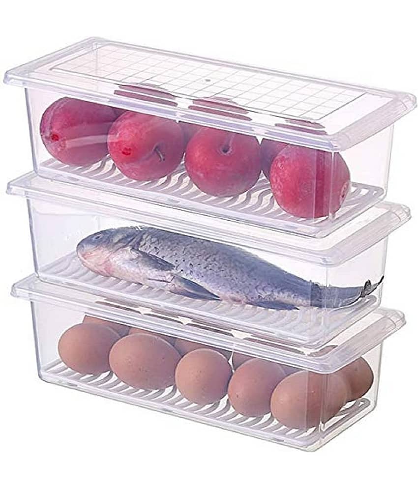 Fridge Storage Container with Drain Tray and Lid - Transparent Polyproplene Food Container ( Pack of 3 )