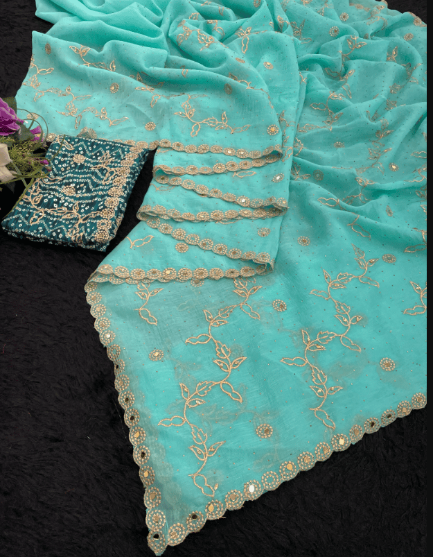 Women Embroidered Party Wear Chiffon Saree Fancy Lace Border With Blouse