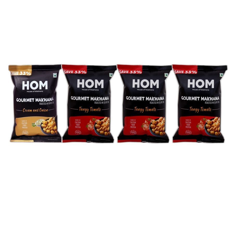 Gourmet Makhana (Pack of 4) with Flavours of Cream & Onion, 3 Tangy Tomato. - 56 gm