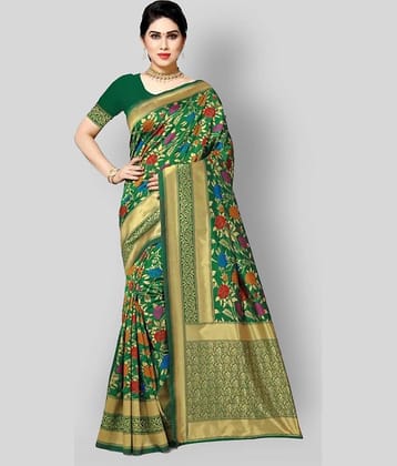 NENCY FASHION Banarasi Silk Printed Saree With Unstitched Blouse Piece ( Green )