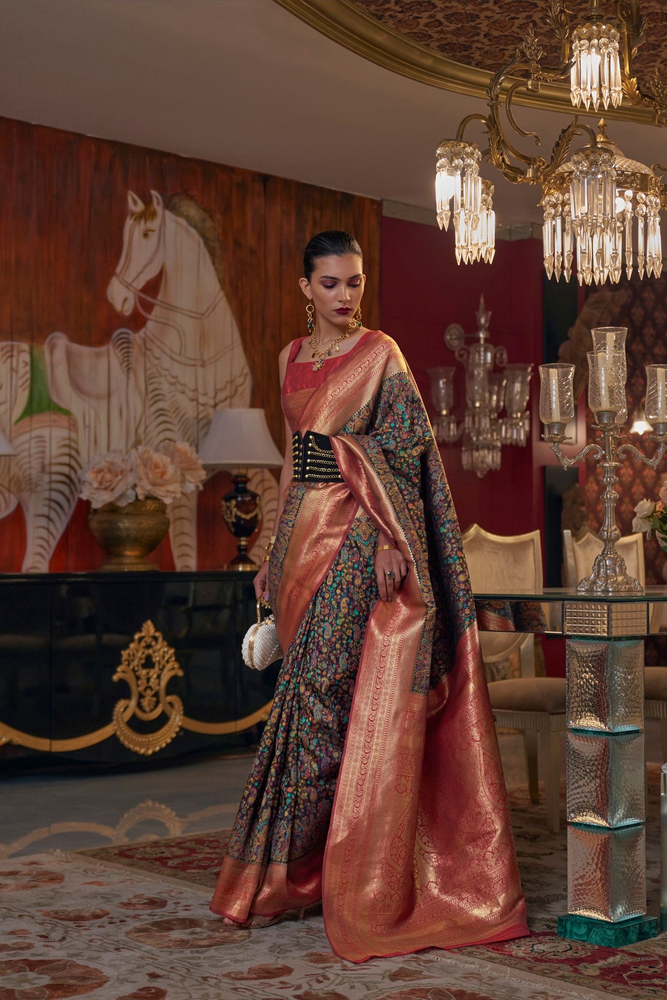 Brown Silk Modal Kashmiri Chaap Handloom Weaving Saree