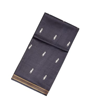 Dark Grey Handloom Tussar Silk Saree With Tribal Buttas-TU2525-Dark Grey