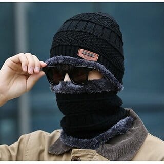 Fashlook Unisex Woolen Winter Beanie Cap with Scarf (Black)