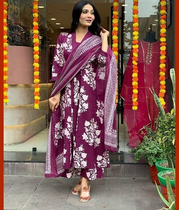 HF WORD Cotton Printed Kurti With Pants Women's Stitched Salwar Suit - Wine ( Pack of 1 )