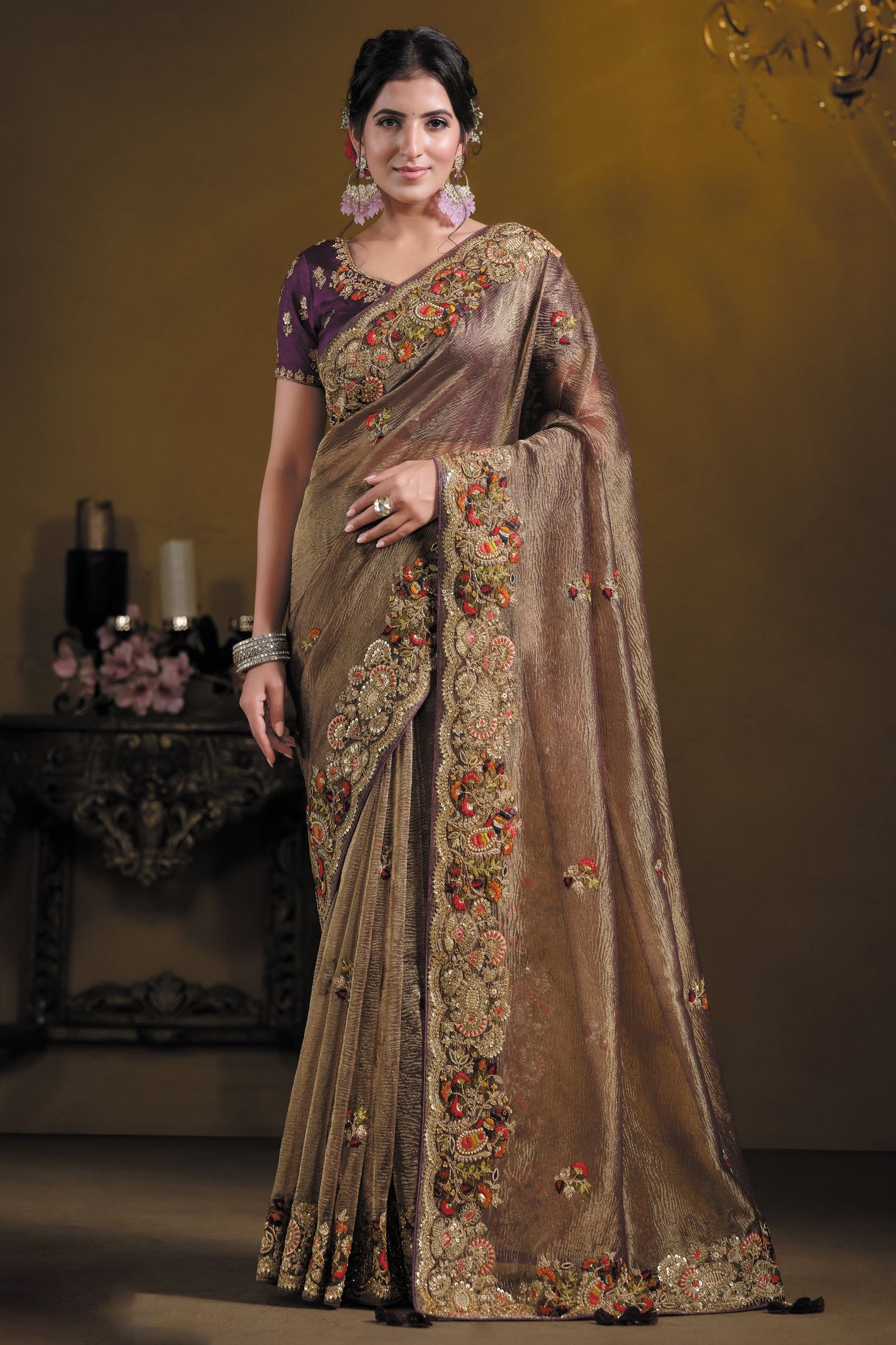 Wine Banarasi Crush Silk Saree