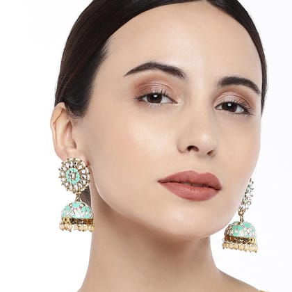 Gold-Plated  Green Dome Shaped Enamel Kundan Jhumkas