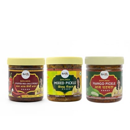 Baya India Homemade Pickle combo of three | Mango Lal Bharwa Mirchi Mixed Pickle | Traditional Spicy & Tangy | Free from preservatives | Sun-Dried Chemical Free | No Vinegar | 100% Pure | 250g each Plastic Jar Baya India Homemade Pickle combo of three | Mango Lal Bharwa Mirchi Mixed Pickle | Traditional Spicy & Tangy | Free from preservatives | Sun-Dried Chemical Free | No Vinegar | 100% Pure | 250g each Plastic Jar