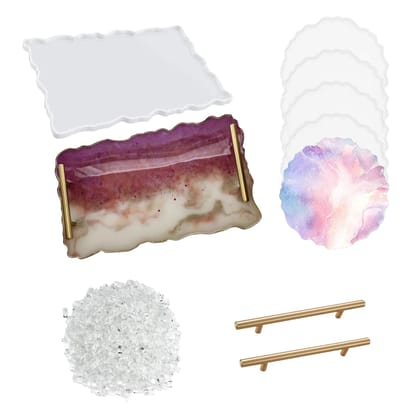 9x12in Rectangular Resin Agate Tray & 4in Agate Coaster Making Combo with Mirror Stones and Golden Metal Tray Handles | 4 x Coaster