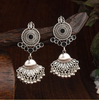 Oxidised Silver Plated Geometric Shaped Enamel Artwork With Hanging Beads Fashion Antique Earring- AER 2203