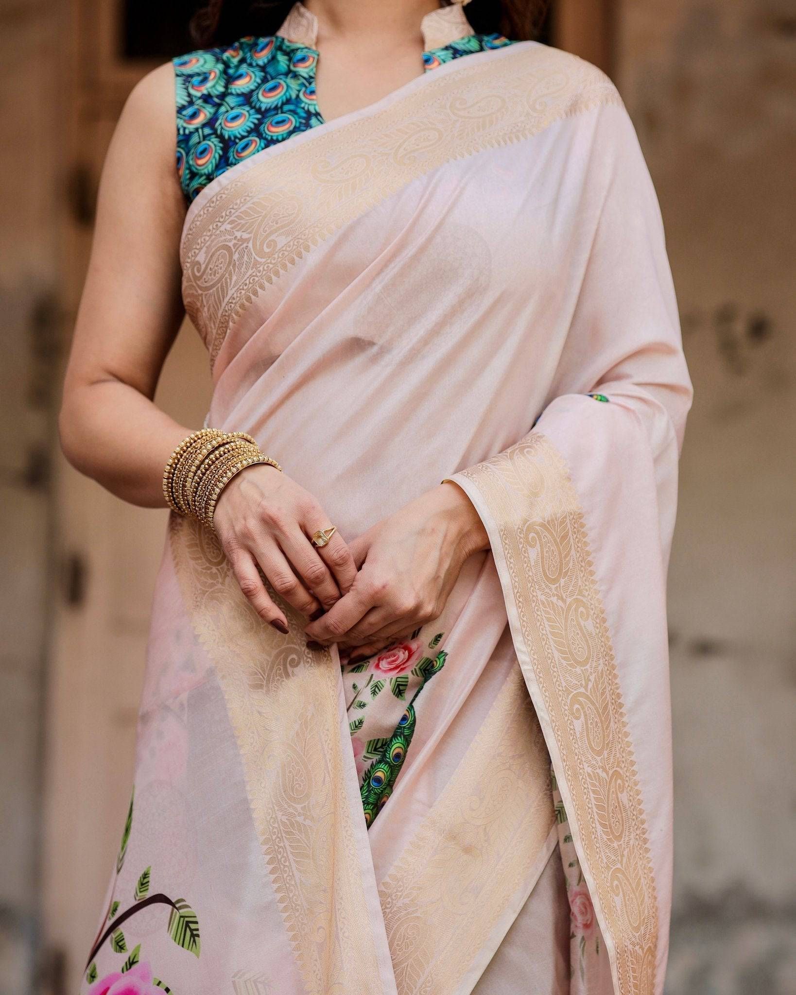 Soft Pastel Pink Tussar Silk Saree with Hand-Painted Peacock and Floral Motifs-Regular