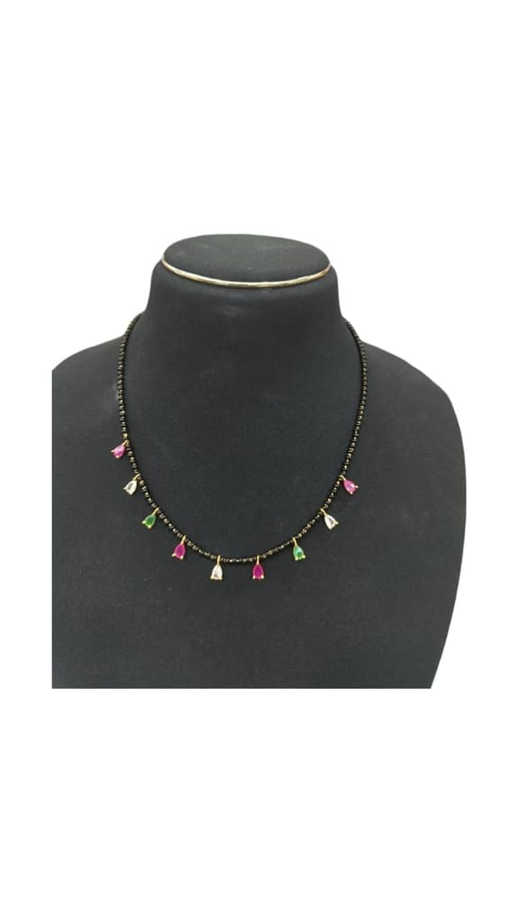 Black Beads Necklace with Gold Plated Pendants and Pink and Green Stones