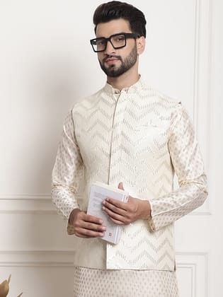 Men's Silk Blend, Gold Sequence Embroidered Cream-36