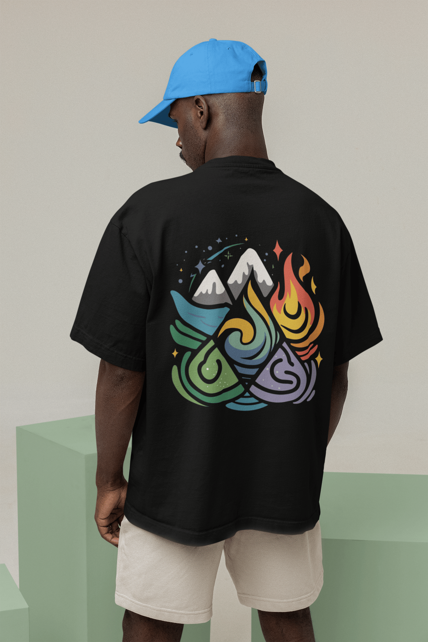 Elemente - Round Neck Drop Shoulder Graphic Printed Oversized Cotton T-shirt-S / Black
