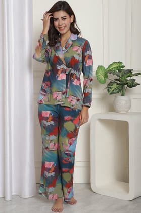 Blue Abstract Digital Printed Viscos Rayon Night Suit-S