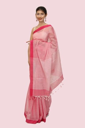 Trendy Cotton Checkerd handloom Saree with Tassels – Pink