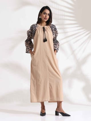 trueBrowns Beige Cotton Print Long Dress - Beige  (3XL)