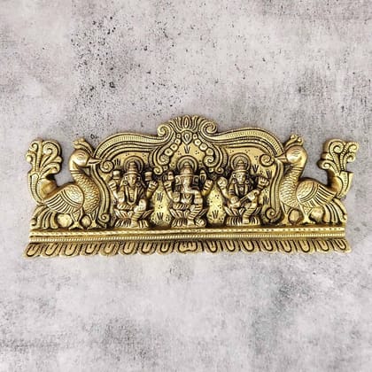 Brass Lakshmi Saraswati Ganesh Wall Hanging Plate - 13 inch Length | Auspicious Brass Wall Plate with Lakshmi, Saraswati, and Ganesh