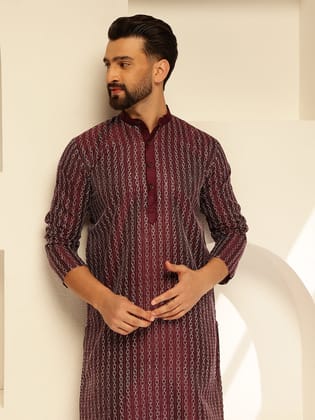 Men's Silk Blend Wine Long Kurta with Contrast White Thread Detailing-36