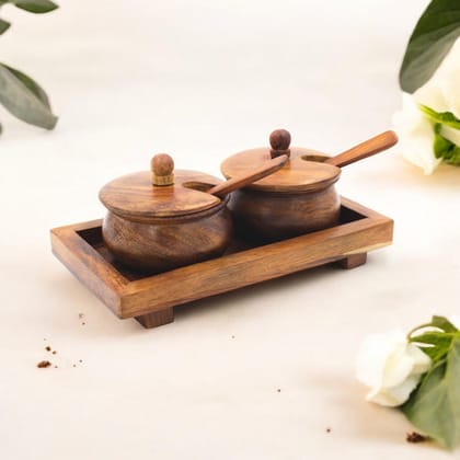 Wooden Handi Set of 2 with Tray | Dry Fruit, Spices Box for Multipurpose use for Kitchen Wooden Handi Set of 2 with Tray | Dry Fruit, Spices Box for Multipurpose use for Kitchen