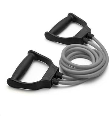 Double Toning Resistance Tube Pull Rope Elastic Rubber Exercise Band for Stretching, Workout, Home Gym and Toning with D Shaped Handles (Grey) Pack of 1