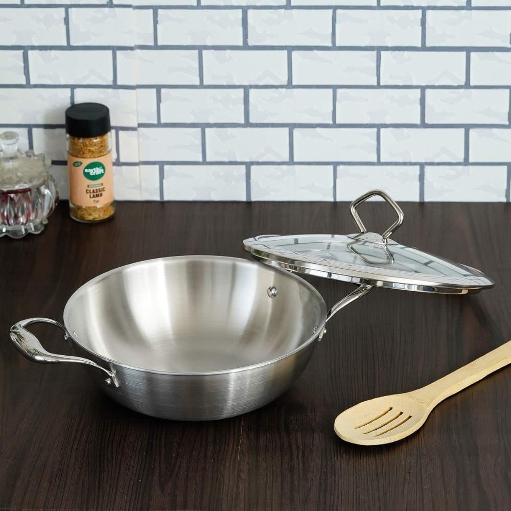 Femora Stainless Steel Tri-ply Deep Frying Kadhai Pan with Zero Non-Stick Coating with Glass Lid (Silver, 26 cm Capacity 3.2 L )