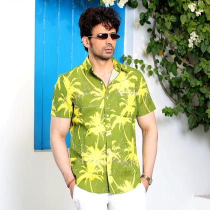 Coconut Tree Dark Lemon Casual Pure Linen Half Shirt (Size - S) by BLUE EAGLE