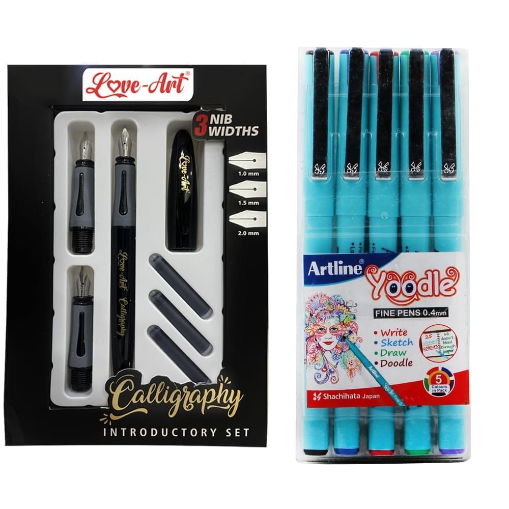 Love-Art Calligraphy Fountain Pen 3 Nibs Set with a Yoodle Pen Pack of 5 | For Calligraphy, Journaling, Writing, Sketching, Doodling and Drawing