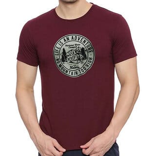 HIT SQUARE Maroon Pure Cotton Round Neck Printed Tshirts For Men