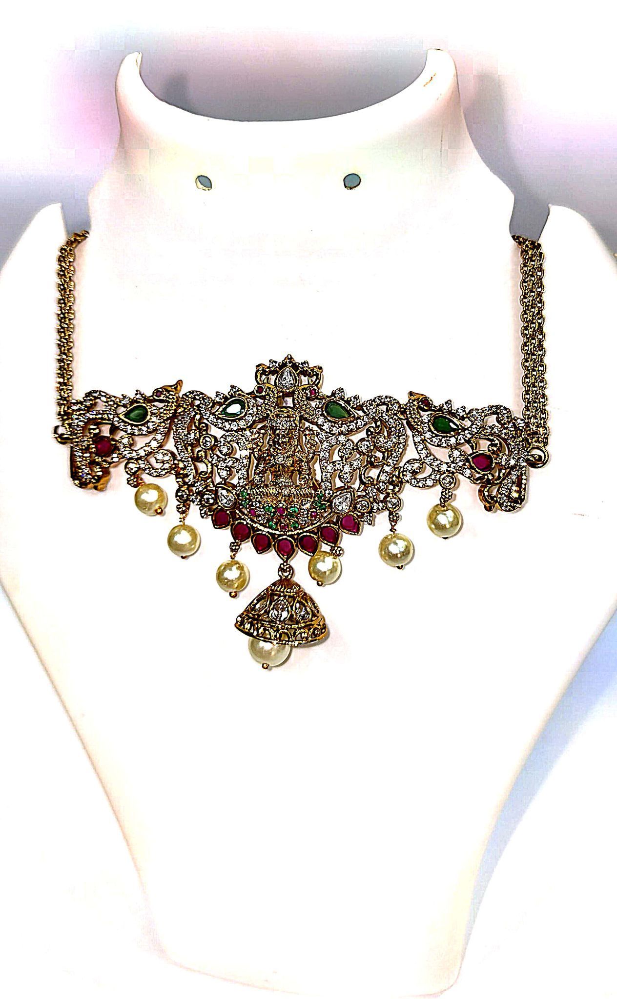 Traditional Indian Gold Plated Temple Necklace Set with Pearls and Stones
