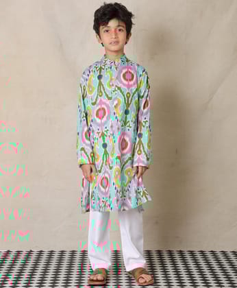AQUA IKAT PRINTED PURE COTTON KURTA WITH WHITE COTTON PAJAMA - SET OF 2-5-6 YEARS / 2N / AQUA/WHITE