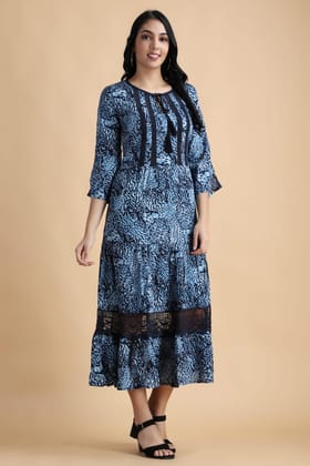 Blue Abstract Printed Dress with Lace-L / Blue
