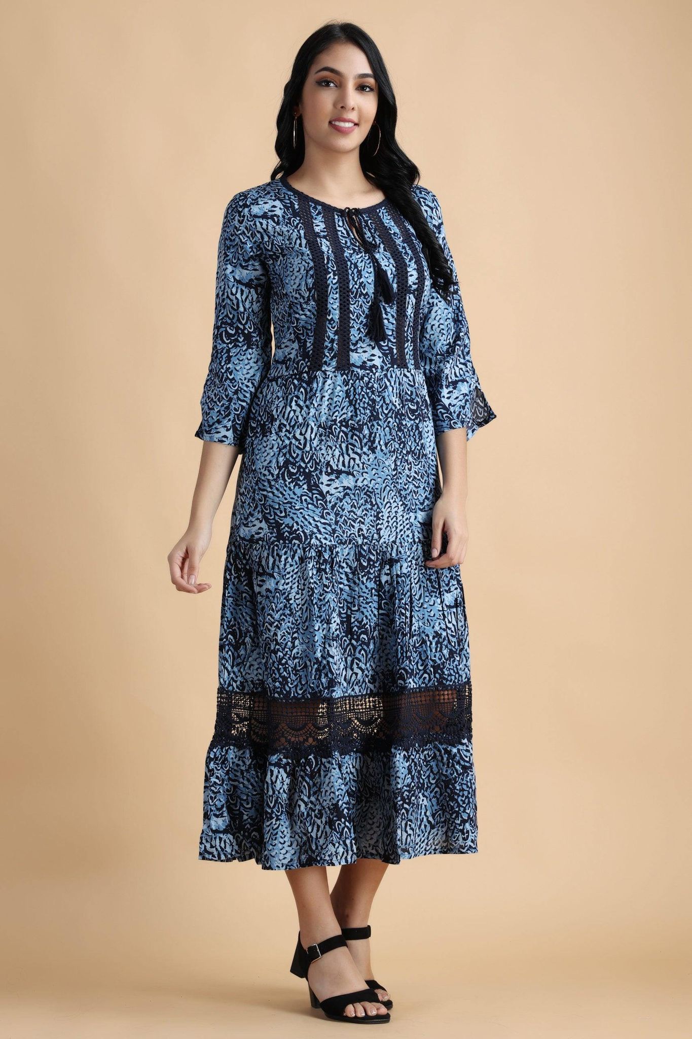 Blue Abstract Printed Dress with Lace-L / Blue