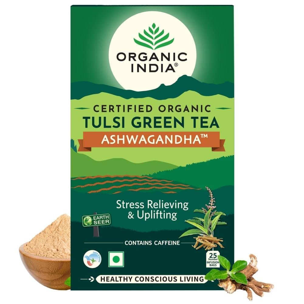A TATA Product - Organic India Tulsi Green Tea Ashwagandha - 25 Tea Bags, Revitalizing Blend with Tulsi, Ashwagandha & Green Tea, Naturally Sourced Ingredients, Staple-Free Tea Bags Certified Organic