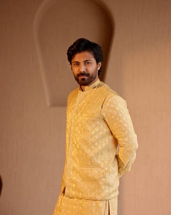Golden Brocade Nehru Jacket with Kurta Set - Set of 3-XXS / XXS