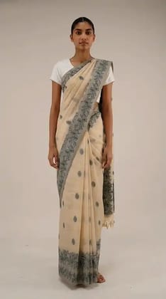 Bomkai Sonepuri Beige Cotton Saree Olive Paisley Buti Bomkai Sonepuri Beige Cotton Saree Olive Paisley Buti