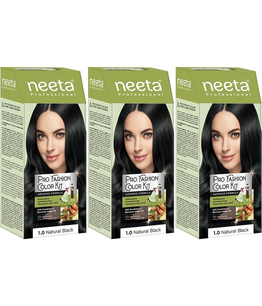 Neeta Professional Pro Fashion Color Kit 1.0 Natural Black 100g Pack of 3, Permanent Hair Color, Creme Hair Colour