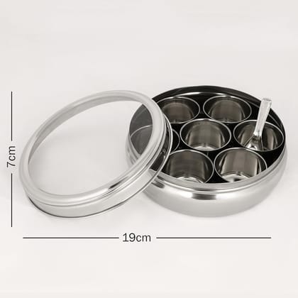 Home Lane Stainless Steel Spice Masala Box 7 in 1 Masala Dabba | Masala Dani | Storage Box |Spice Box | Spice Storage Container For Kitchen with Spoon (Glass Lid, 1200Ml), Silver