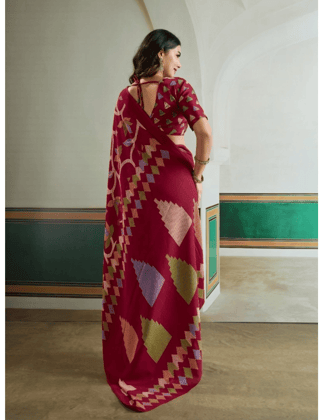 womens satin crepe printed saree with unstitched blouse 5mtr maroon pid65062