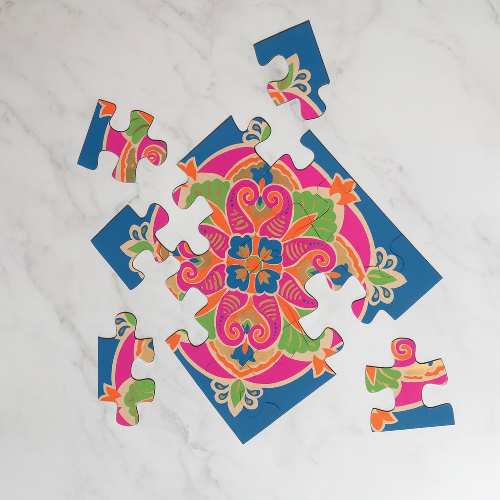 The Mohraj Festive Diwali Rangoli Colorful Puzzle Wooden 12 Pieces with 4 Water Sensor LED Diya