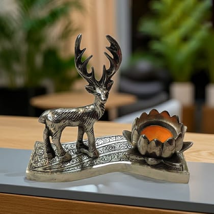 Aluminium Deer Kamal Bowl Decorative Showpiece Statue for Home & Table Decor, Height : 6 Inch (ASMAS499 S)