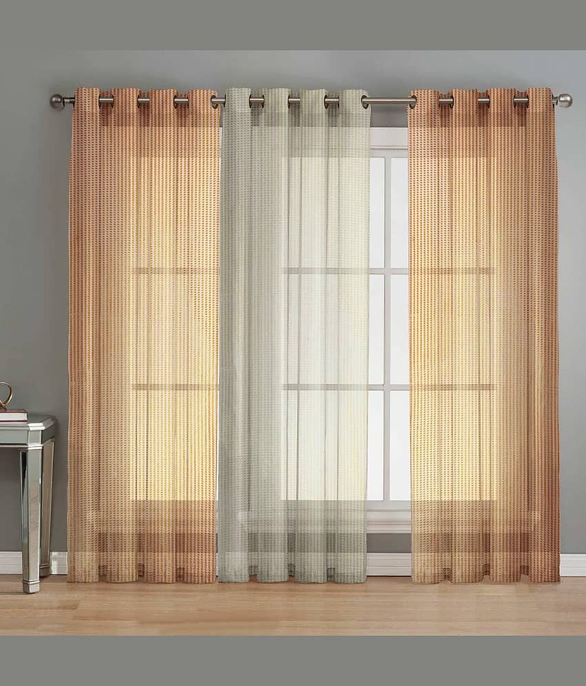 BELLA TRUE Vertical Striped Sheer Eyelet Curtain 7 ft ( Pack of 3 )  Cream