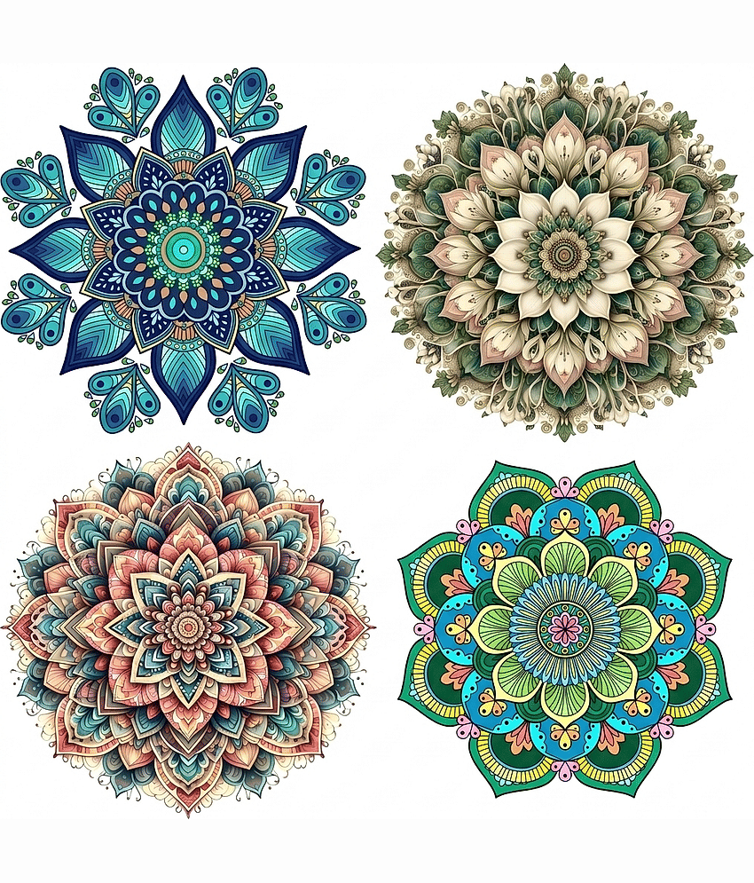 Floor Rangoli Floral Mandala Floor Sticker, Wall Sticker, 10 Inch, Multicolour, Boho Round Decorative Decal Self Adhesive Sticker (Pack of 4)
