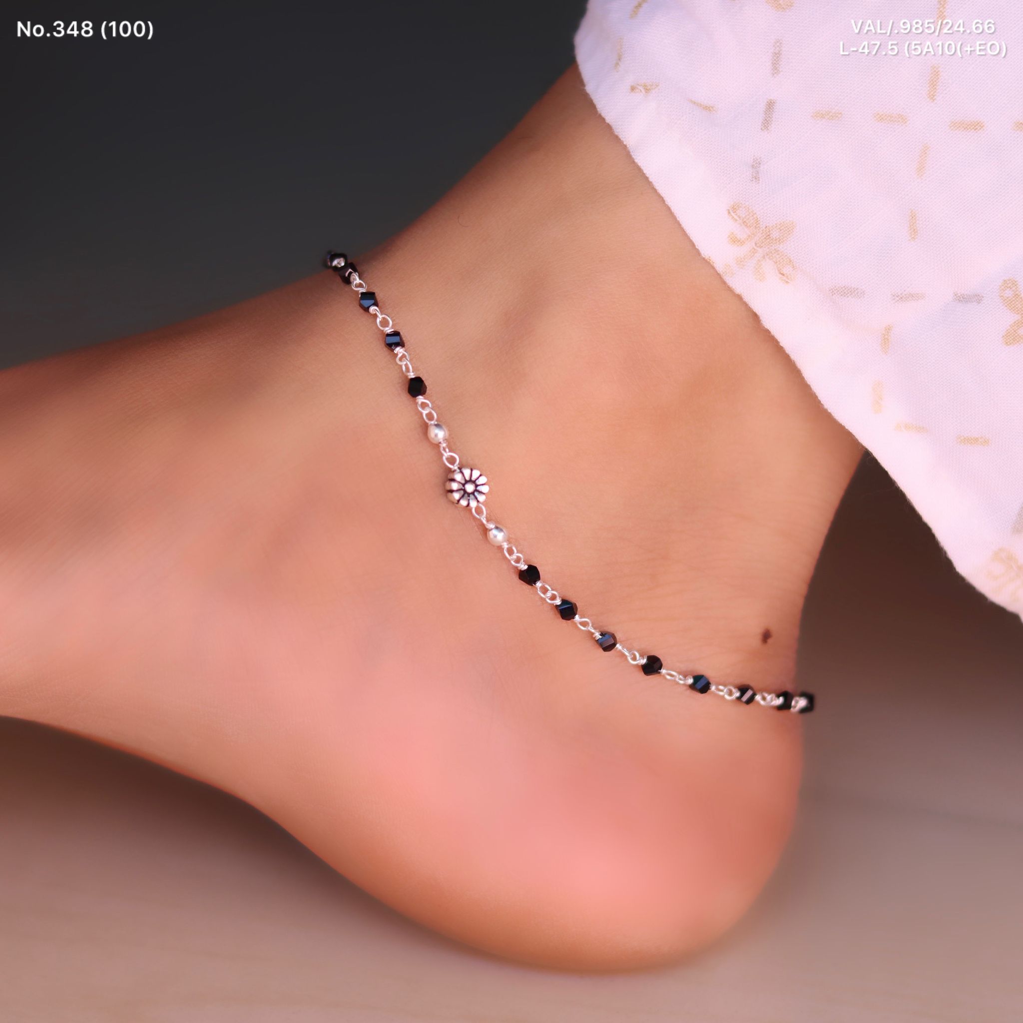 Floral Charm Black Beads Silver Payal for Women