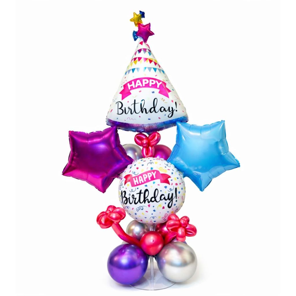 Premium Happy Birthday Balloon Bouqet on a Balloon Stand | Hat Shaped Balloon Bouqet with Pink and Blue Stars - Party and Festive Needs | Buy online on ZillyBuy