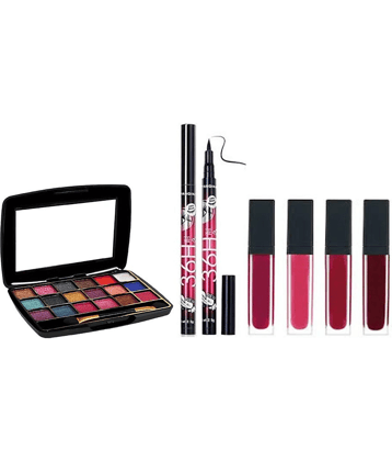 swenky eyeshadow with red edition liquid lipstick set & waterproof eyeliner (Pack of 4)