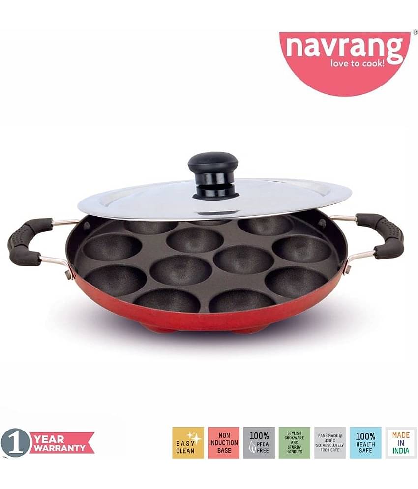 Navrang Non Stick Aluminium Appakara 12 Kulies  Handle With Lid Light Weight, Red -Non Induction