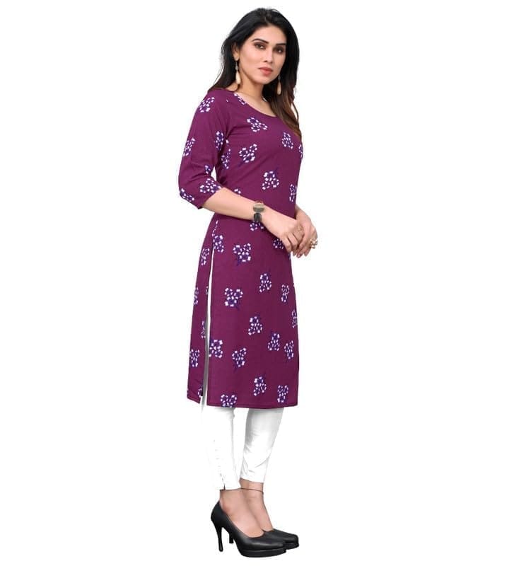 Women's Casual 3/4th Sleeve Floral Printed Crepe Kurti (Purple, XL)-PID46200
